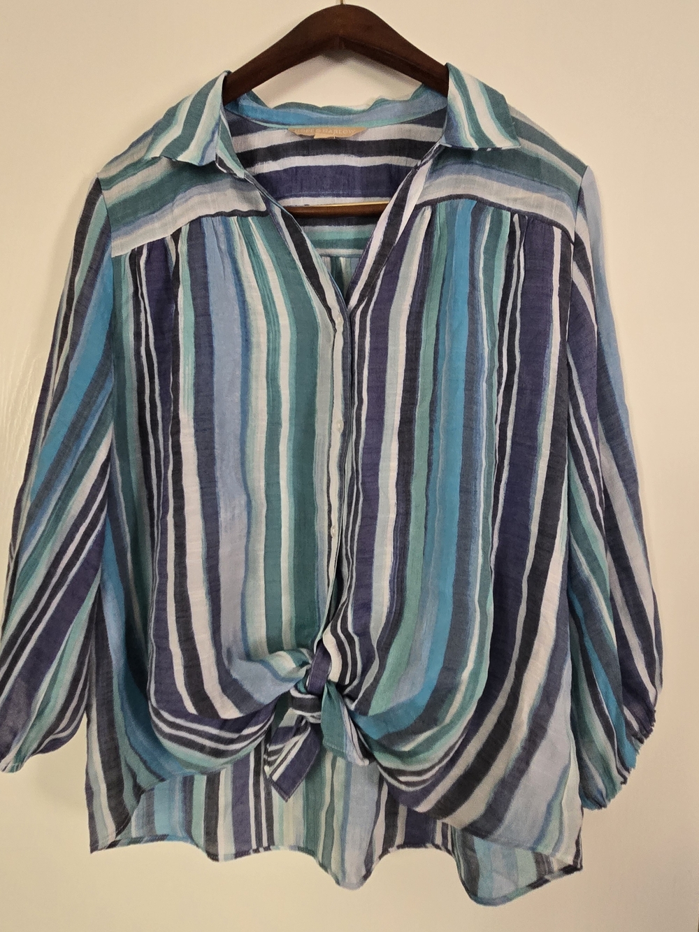 HOPE AND HARLOW SZ L Striped Blue Tie-Front Women's Blouse - Picture 2 of 7